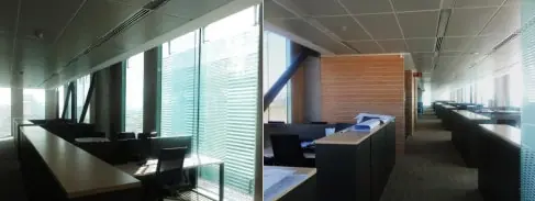 Building interior with natural lighting and ventilation control